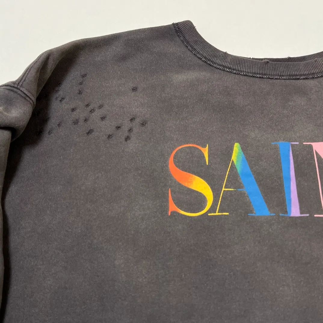 SAINT Mxxxxxx CREW NECK SWT SHIRTS 'RAINBOW SNT'/BLK Rainbow SAINT destruction sweatshirt, washed black S-XL Assute dyeing, genuine whole garment sprayed with horsetail fading process, collar/cuffs frayed in many places, front and rear panels/sleeves super complicated hanging grinding, heavy washing and water discoloration, correct fruit mark/angel mark